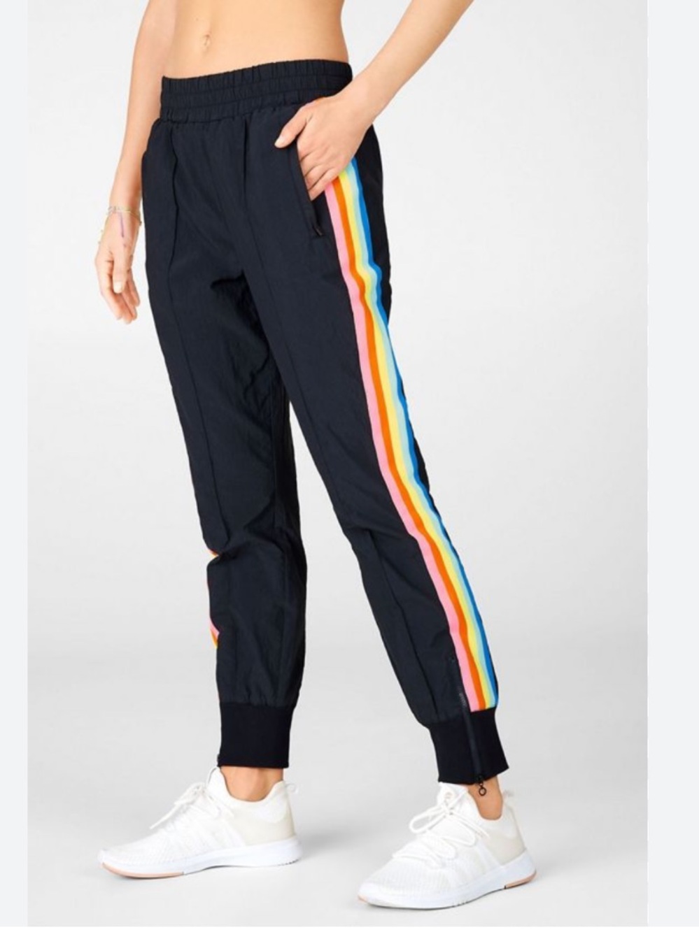 Fabletics Carol Woven Pants Black Rainbow Stripe Athletic Joggers Zip Cuffs Sz S